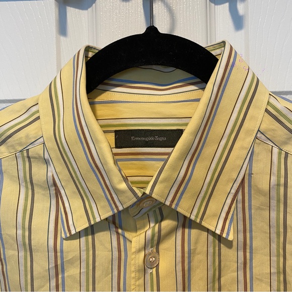 Ermenegildo Zegna Men’s Large Yellow/Blue Striped Button Front Shirt ItalyCott - Picture 2 of 7